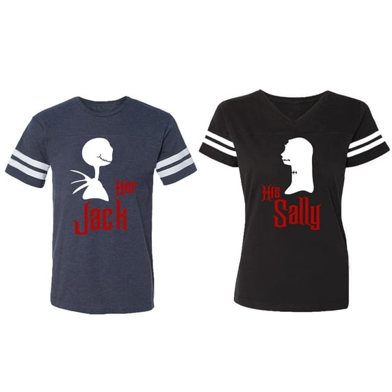 Her Jack His Sally Matching Couple Cotton Jerseys (Men Navy / Women Black) (Men S / Women S)