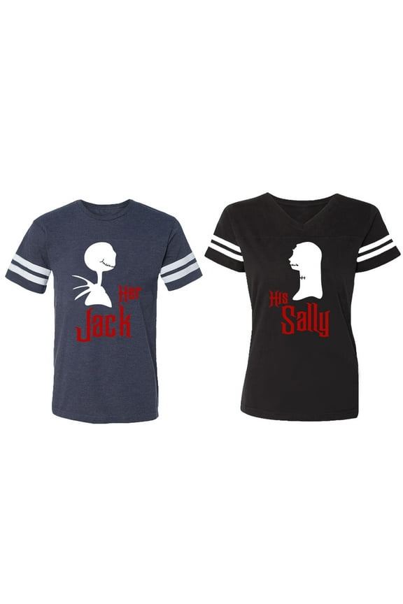 Her Jack His Sally Matching Couple Cotton Jerseys (Men Navy / Women Black) (Men XL / Women XL)