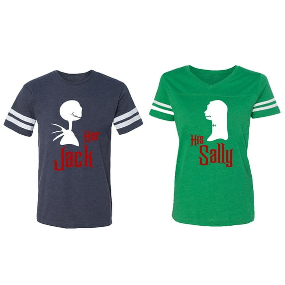 Her Jack His Sally Matching Couple Cotton Jerseys (Men Navy / Women Green) (Men L / Women XL)