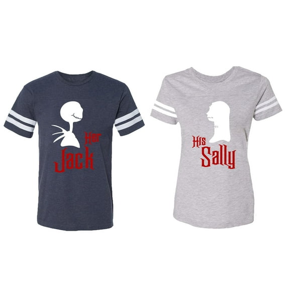 Her Jack His Sally Matching Couple Cotton Jerseys (Men Navy / Women Heather) (Men L / Women XL)