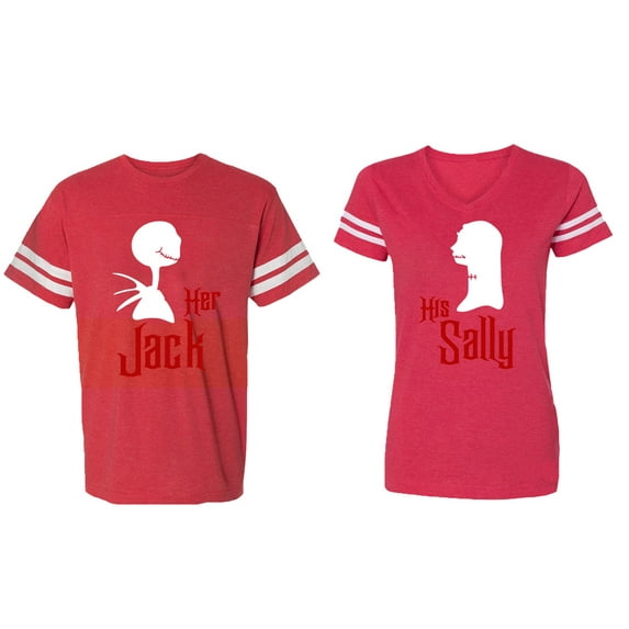 Her Jack His Sally Matching Couple Cotton Jerseys (Men Red / Women Red) (Men M / Women M)