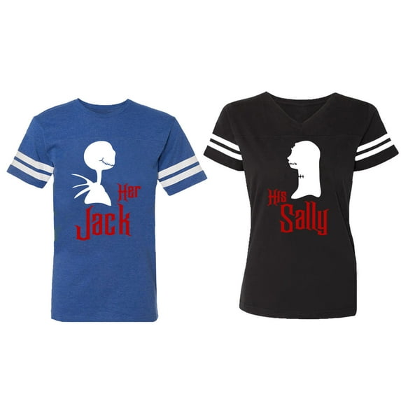 Her Jack His Sally Matching Couple Cotton Jerseys (Men Royal / Women Black) (Men S / Women XL)