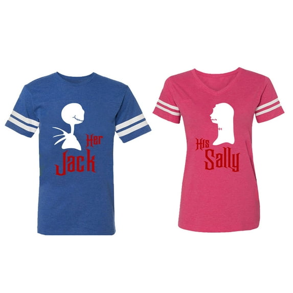 Her Jack His Sally Matching Couple Cotton Jerseys (Men Royal / Women Pink) (Men XXL / Women M)