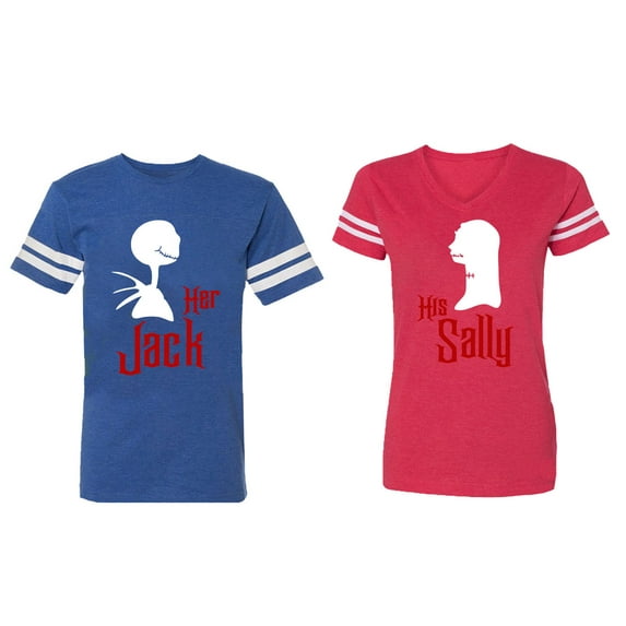 Her Jack His Sally Matching Couple Cotton Jerseys (Men Royal / Women Red) (Men XXL / Women XL)