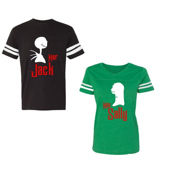 Her Jack His SallyUnisex Couple Matching Cotton Jersey style T-Shirt Contrasting stripes on sleeves (Men Black / Women Green) (Men XL / Women XXL)