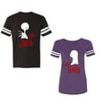 thumbnail image 1 of Her Jack His SallyUnisex Couple Matching Cotton Jersey style T-Shirt Contrasting stripes on sleeves (Men Black / Women Purple) (Men L / Women XXL), 1 of 3