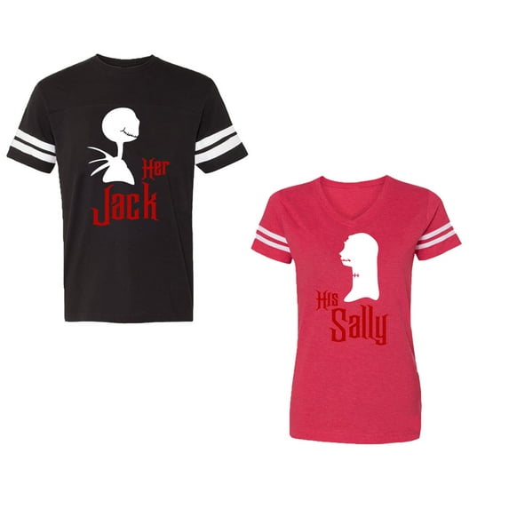 Her Jack His SallyUnisex Couple Matching Cotton Jersey style T-Shirt Contrasting stripes on sleeves (Men Black / Women Red) (Men M / Women XL)