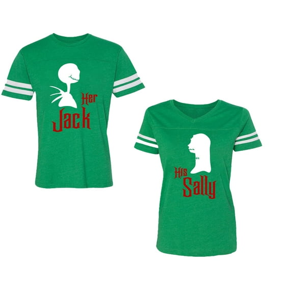 Her Jack His SallyUnisex Couple Matching Cotton Jersey style T-Shirt Contrasting stripes on sleeves (Men Green / Women Green) (Men S / Women S)