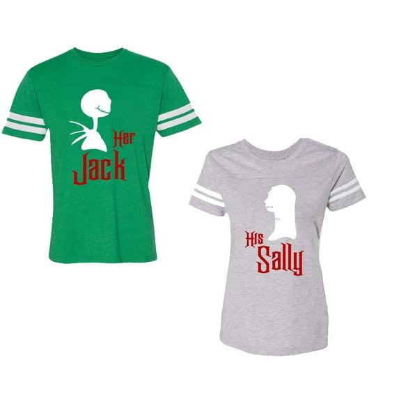 Her Jack His SallyUnisex Couple Matching Cotton Jersey style T-Shirt Contrasting stripes on sleeves (Men Green / Women Heather) (Men XXL / Women XXL)