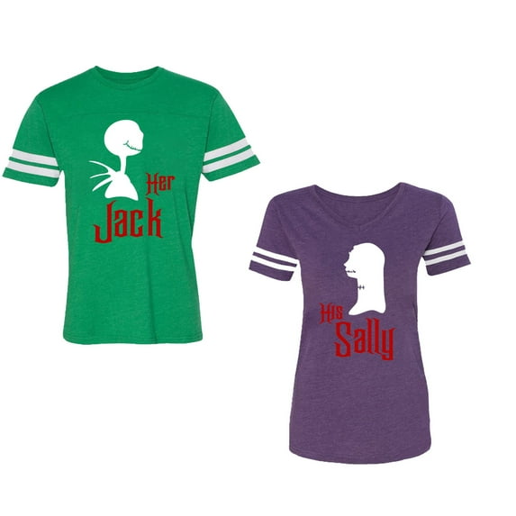 Her Jack His SallyUnisex Couple Matching Cotton Jersey style T-Shirt Contrasting stripes on sleeves (Men Green / Women Purple) (Men L / Women S)