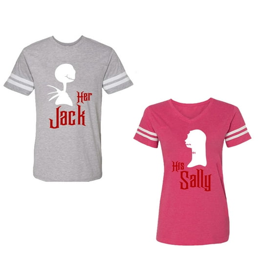 Her Jack His SallyUnisex Couple Matching Cotton Jersey style T-Shirt Contrasting stripes on sleeves (Men Heather / Women Pink) (Men XXXL / Women XXL)