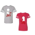 thumbnail image 1 of Her Jack His SallyUnisex Couple Matching Cotton Jersey style T-Shirt Contrasting stripes on sleeves (Men Heather / Women Red) (Men L / Women XL), 1 of 3