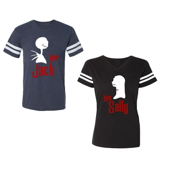 Her Jack His SallyUnisex Couple Matching Cotton Jersey style T-Shirt Contrasting stripes on sleeves (Men Navy / Women Black) (Men M / Women M)