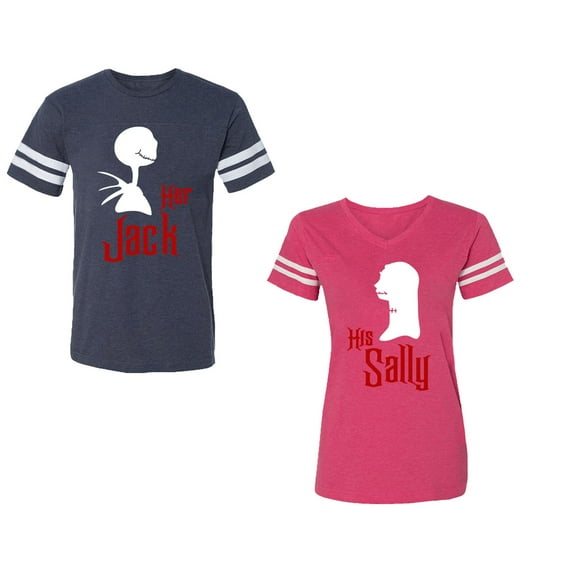Her Jack His SallyUnisex Couple Matching Cotton Jersey style T-Shirt Contrasting stripes on sleeves (Men Navy / Women Pink) (Men L / Women XXL)