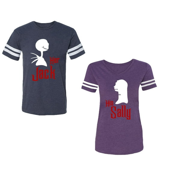 Her Jack His SallyUnisex Couple Matching Cotton Jersey style T-Shirt Contrasting stripes on sleeves (Men Navy / Women Purple) (Men L / Women XL)