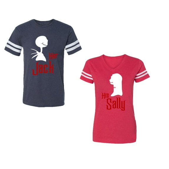 Her Jack His SallyUnisex Couple Matching Cotton Jersey style T-Shirt Contrasting stripes on sleeves (Men Navy / Women Red) (Men L / Women S)