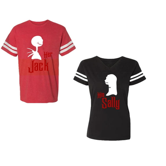 Her Jack His SallyUnisex Couple Matching Cotton Jersey style T-Shirt Contrasting stripes on sleeves (Men Red / Women Black) (Men S / Women S)