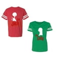 thumbnail image 1 of Her Jack His SallyUnisex Couple Matching Cotton Jersey style T-Shirt Contrasting stripes on sleeves (Men Red / Women Green) (Men L / Women XXL), 1 of 3