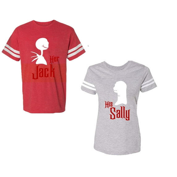 Her Jack His SallyUnisex Couple Matching Cotton Jersey style T-Shirt Contrasting stripes on sleeves (Men Red / Women Heather) (Men M / Women S)