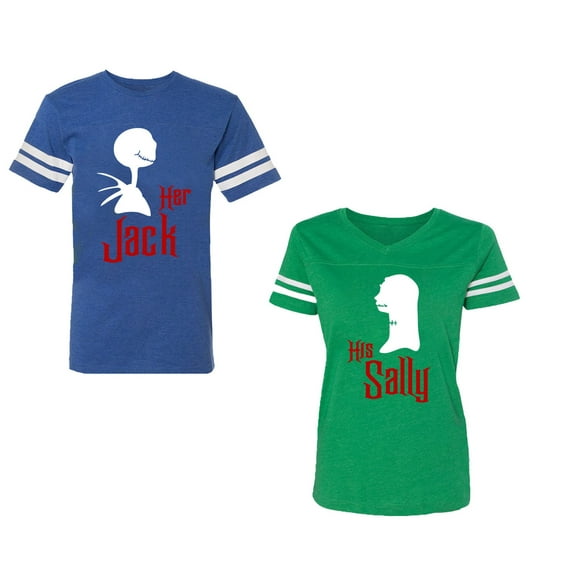 Her Jack His SallyUnisex Couple Matching Cotton Jersey style T-Shirt Contrasting stripes on sleeves (Men Royal / Women Green) (Men L / Women S)