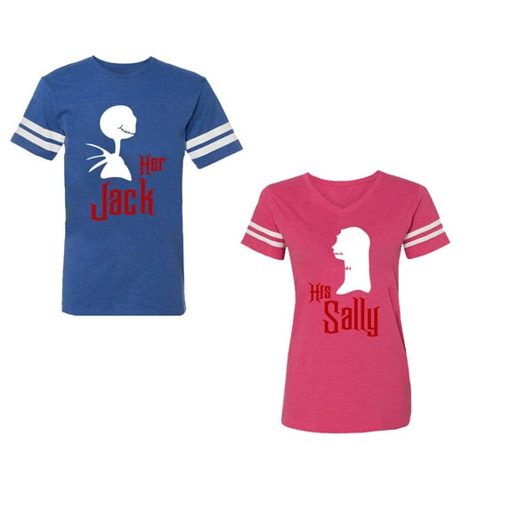 Her Jack His SallyUnisex Couple Matching Cotton Jersey style T-Shirt Contrasting stripes on sleeves (Men Royal / Women Pink) (Men XXL / Women M)