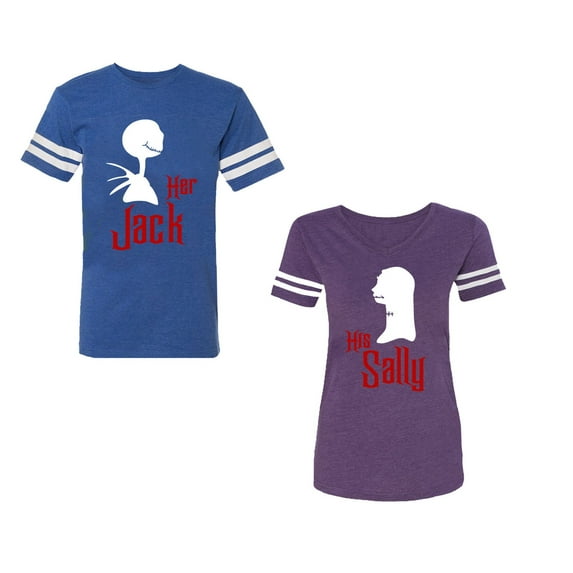 Her Jack His SallyUnisex Couple Matching Cotton Jersey style T-Shirt Contrasting stripes on sleeves (Men Royal / Women Purple) (Men XXL / Women L)