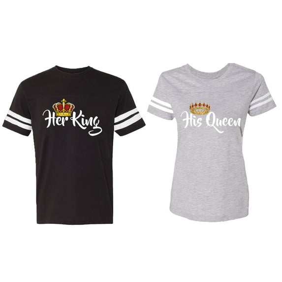 Her King His Queen Matching Couple Cotton Jerseys (Men Black / Women Heather) (Men XL / Women M)