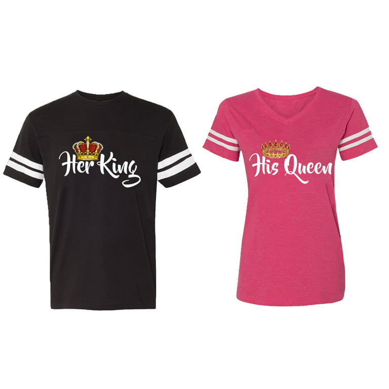 Her King His Queen Matching Couple Cotton Jerseys (Men Black / Women Pink)  (Men XL / Women L) 