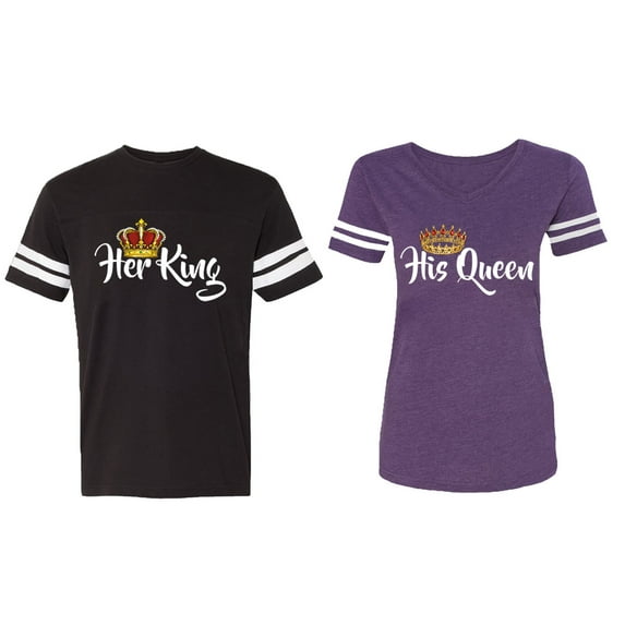 Her King His Queen Matching Couple Cotton Jerseys (Men Black / Women Purple) (Men XL / Women L)