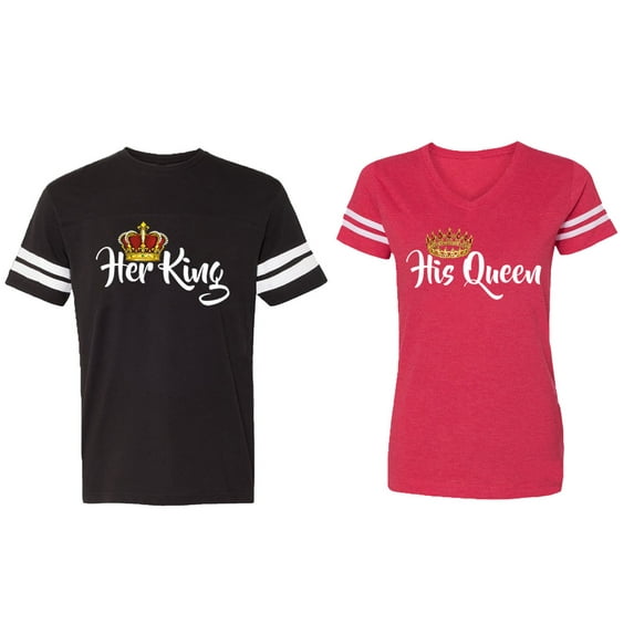 Her King His Queen Matching Couple Cotton Jerseys (Men Black / Women Red) (Men L / Women M)