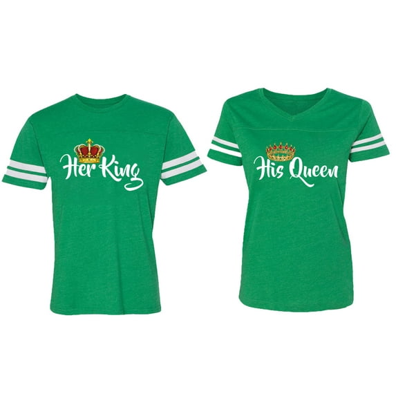 Her King His Queen Matching Couple Cotton Jerseys (Men Green / Women Green) (Men L / Women XXL)