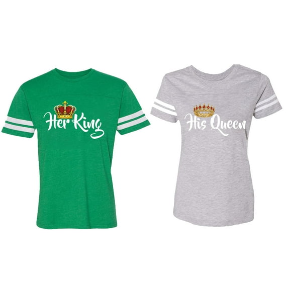 Her King His Queen Matching Couple Cotton Jerseys (Men Green / Women Heather) (Men M / Women XL)