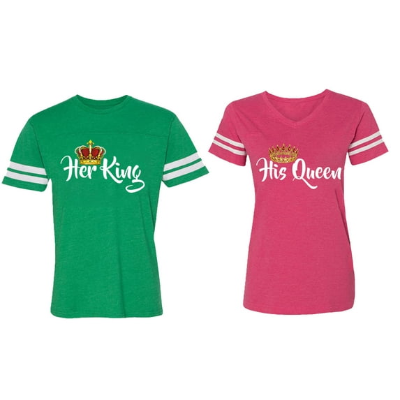 Her King His Queen Matching Couple Cotton Jerseys (Men Green / Women Pink) (Men S / Women L)