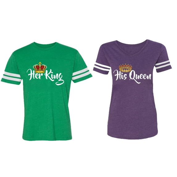 Her King His Queen Matching Couple Cotton Jerseys (Men Green / Women Purple) (Men S / Women S)
