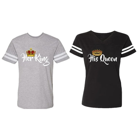 Her King His Queen Matching Couple Cotton Jerseys (Men Heather / Women Black) (Men M / Women XL)