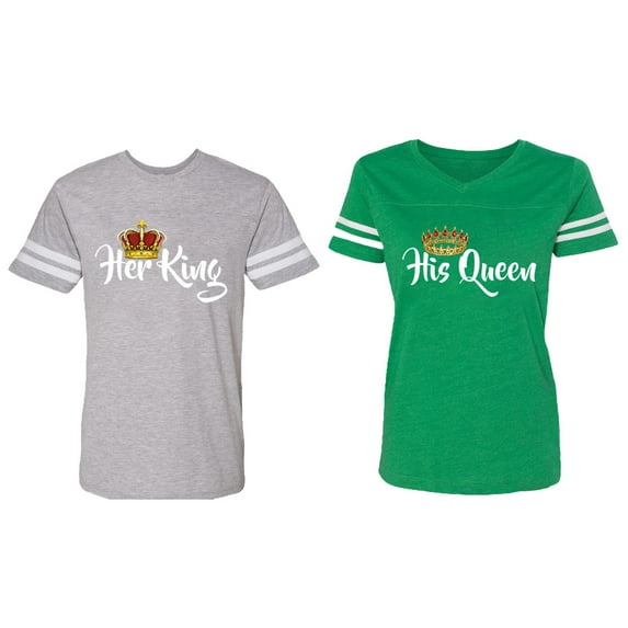 Her King His Queen Matching Couple Cotton Jerseys (Men Heather / Women Green) (Men M / Women XL)