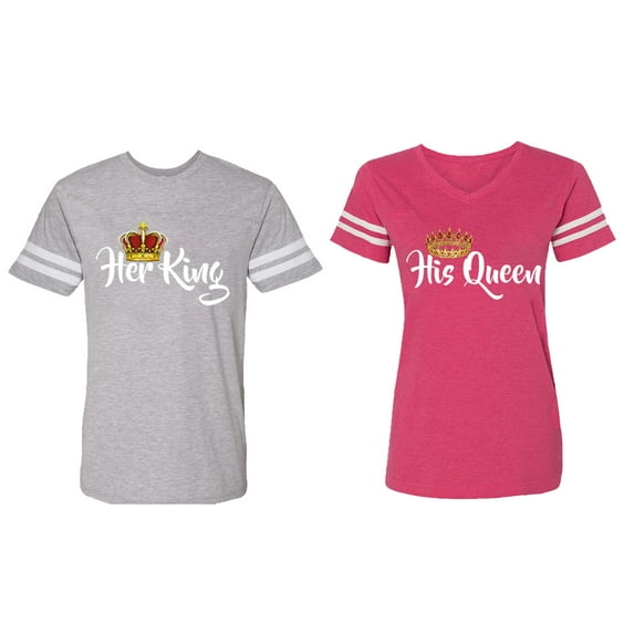 Her King His Queen Matching Couple Cotton Jerseys (Men Heather / Women Pink) (Men XXL / Women L)