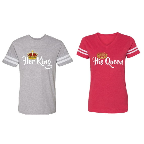 Her King His Queen Matching Couple Cotton Jerseys (Men Heather / Women Red) (Men L / Women S)
