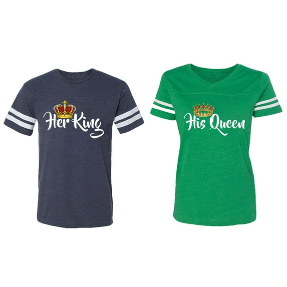Her King His Queen Matching Couple Cotton Jerseys (Men Navy / Women Green) (Men XXL / Women L)