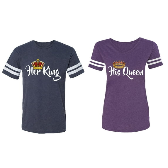 Her King His Queen Matching Couple Cotton Jerseys (Men Navy / Women Purple) (Men S / Women XXL)