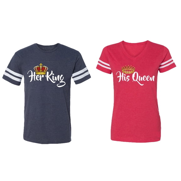 Her King His Queen Matching Couple Cotton Jerseys (Men Navy / Women Red) (Men S / Women M)