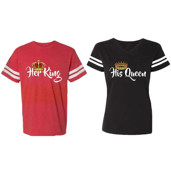 Her King His Queen Matching Couple Cotton Jerseys (Men Red / Women Black) (Men S / Women S)