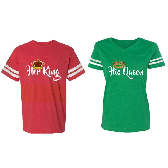 Her King His Queen Matching Couple Cotton Jerseys (Men Red / Women Green) (Men XXL / Women XL)