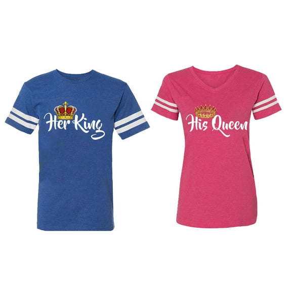 Her King His Queen Matching Couple Cotton Jerseys (Men Royal / Women Pink) (Men XL / Women XXL)
