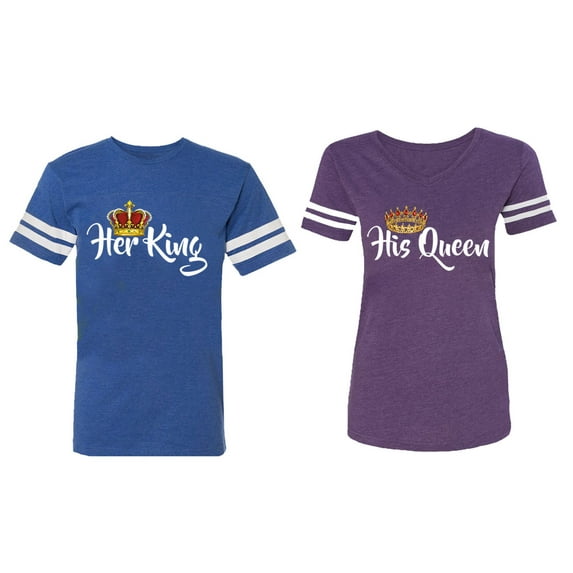 Her King His Queen Matching Couple Cotton Jerseys (Men Royal / Women Purple) (Men XXL / Women S)