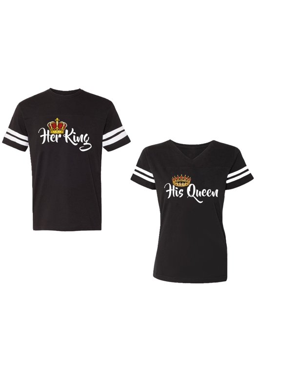 Her King His Queen Unisex Couple Matching Cotton Jersey style T-Shirt Contrasting stripes on sleeves (Men Black / Women Black) (Men L / Women L)