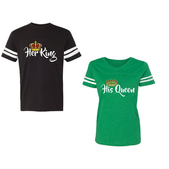 Her King His Queen Unisex Couple Matching Cotton Jersey style T-Shirt Contrasting stripes on sleeves (Men Black / Women Green) (Men XXL / Women L)