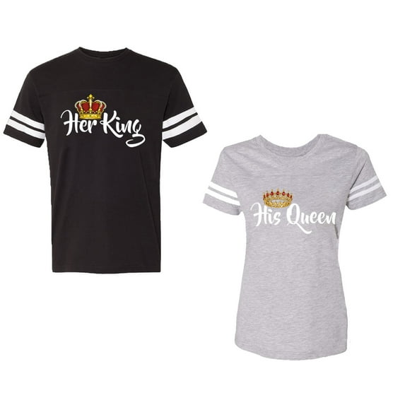 Her King His Queen Unisex Couple Matching Cotton Jersey style T-Shirt Contrasting stripes on sleeves (Men Black / Women Heather) (Men XL / Women XXL)
