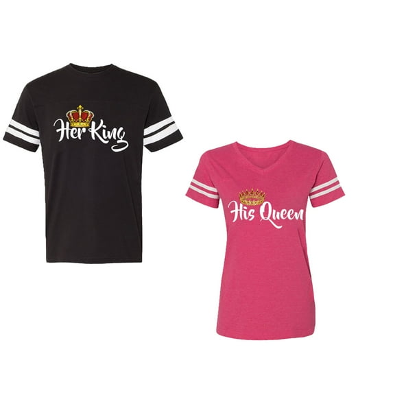 Her King His Queen Unisex Couple Matching Cotton Jersey style T-Shirt Contrasting stripes on sleeves (Men Black / Women Pink) (Men L / Women XL)