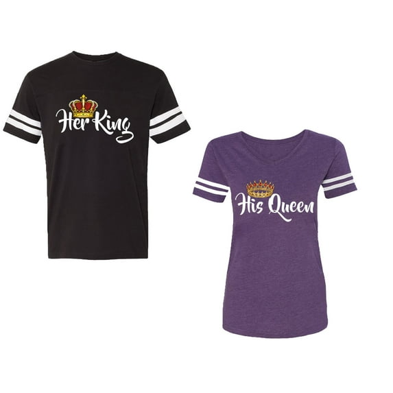 Her King His Queen Unisex Couple Matching Cotton Jersey style T-Shirt Contrasting stripes on sleeves (Men Black / Women Purple) (Men M / Women M)